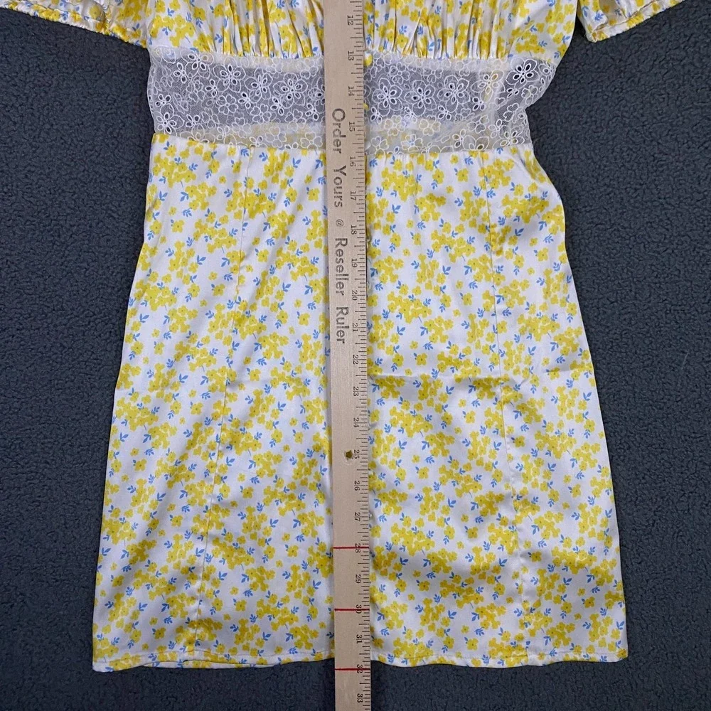 For Love & Lemons Dress FITS XS Yellow Daffodil Floral Puff Sleeve Satin Mini